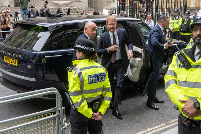 The Duke of Sussex at the Rolls Buildings in central London for the phone hacking trial against Mirror Group Newspapers (MGN). A number of high-profile figures have brought claims against MGN over alleged unlawful information gathering at its titles. Picture date: Tuesday June 6, 2023.
