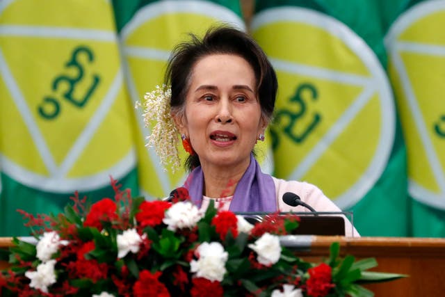 <p>Myanmar's then leader Aung San Suu Kyi delivers a speech in Naypyitaw, Myanmar, in 2020 </p>