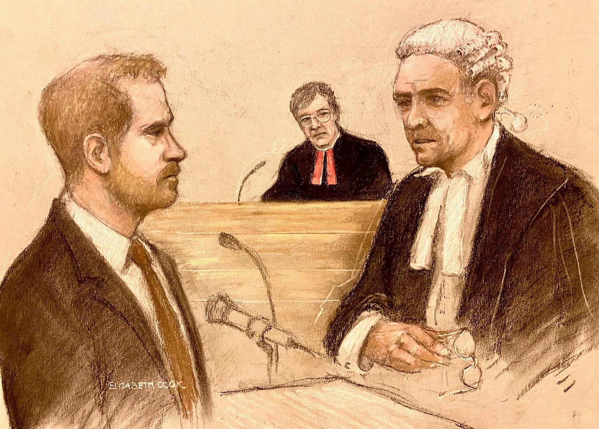 The Duke of Sussex in an artist’s sketch being cross examined by Andrew Green KC
