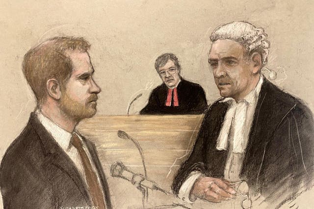 Court artist sketch of the Duke of Sussex being cross-examined by Andrew Green KC, as he gives evidence at the Rolls Buildings in central London during the phone hacking trial against Mirror Group Newspapers (Elizabeth Cook/PA)