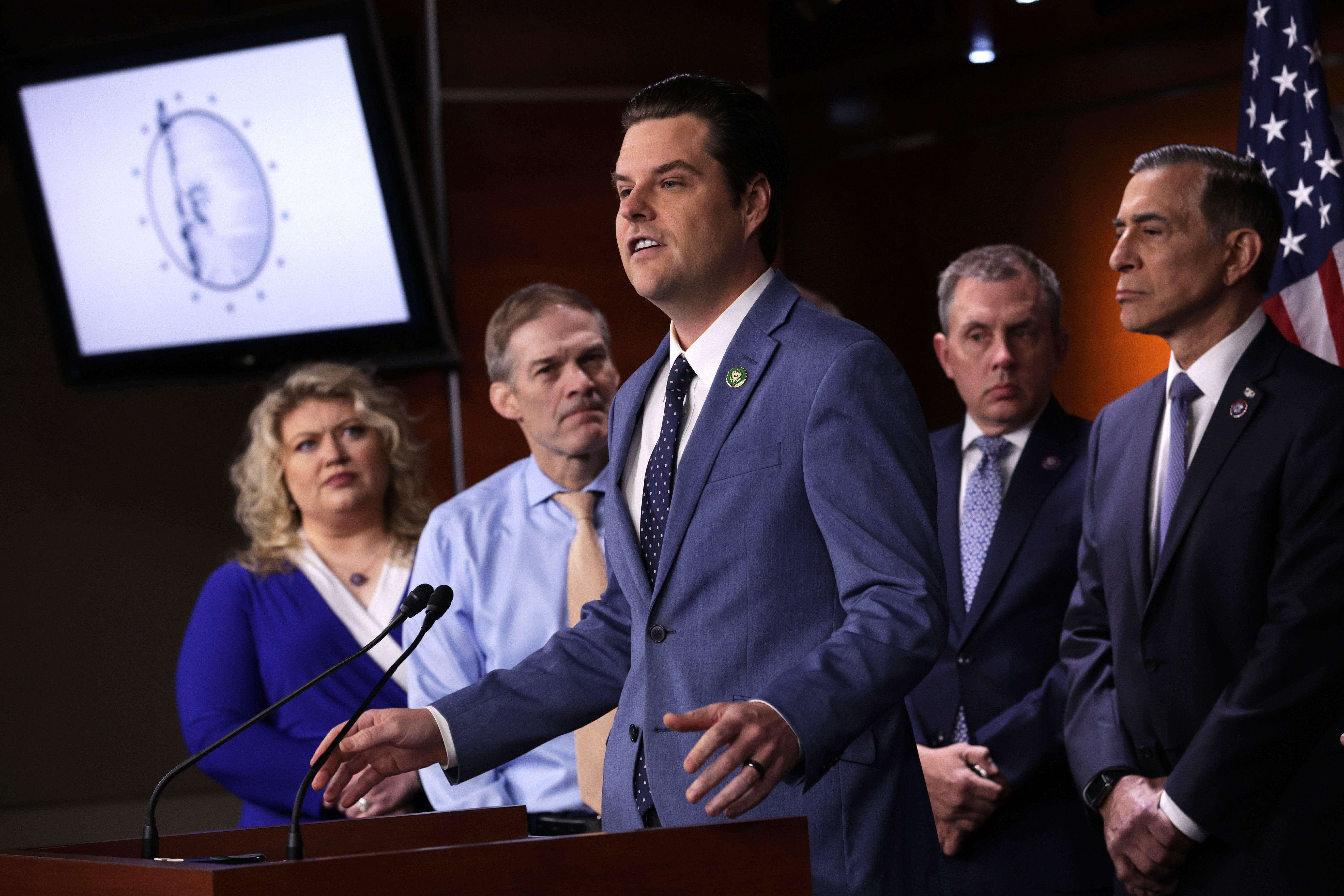 U.S. Rep. Matt Gaetz (R-FL) (3rd L) speaks as (L-R) Rep. Kat Cammack (R-FL), Rep. Jim Jordan (R-OH), Rep. Kelly Armstrong (R-ND), and Rep. Darrell Issa (R-CA) listen during a news conference.