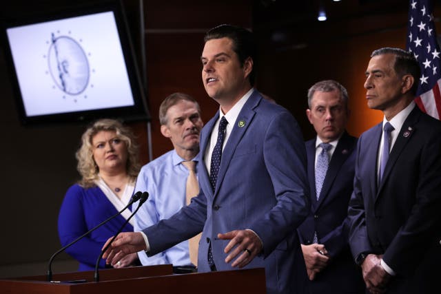 <p>U.S. Rep. Matt Gaetz (R-FL) (3rd L) speaks as (L-R) Rep. Kat Cammack (R-FL), Rep. Jim Jordan (R-OH), Rep. Kelly Armstrong (R-ND), and Rep. Darrell Issa (R-CA) listen during a news conference. </p>