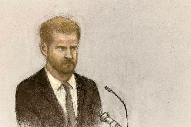 A sketch of the Duke of Sussex giving evidence at the High Court (Elizabeth Cook/PA)