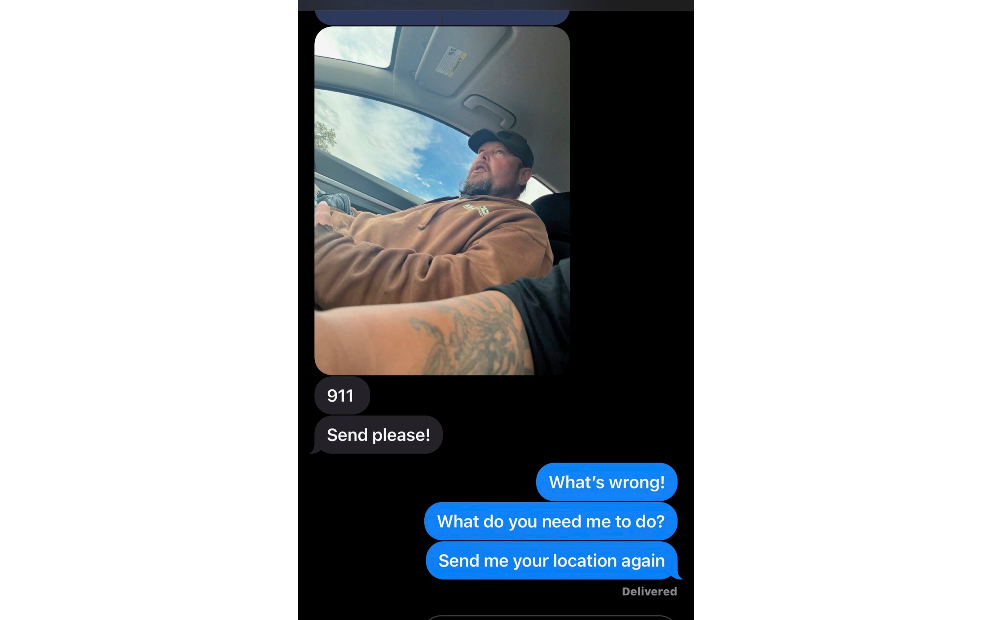 This photo provided by Talija Campbell shows a desperate text message exchange between Campbell and her husband