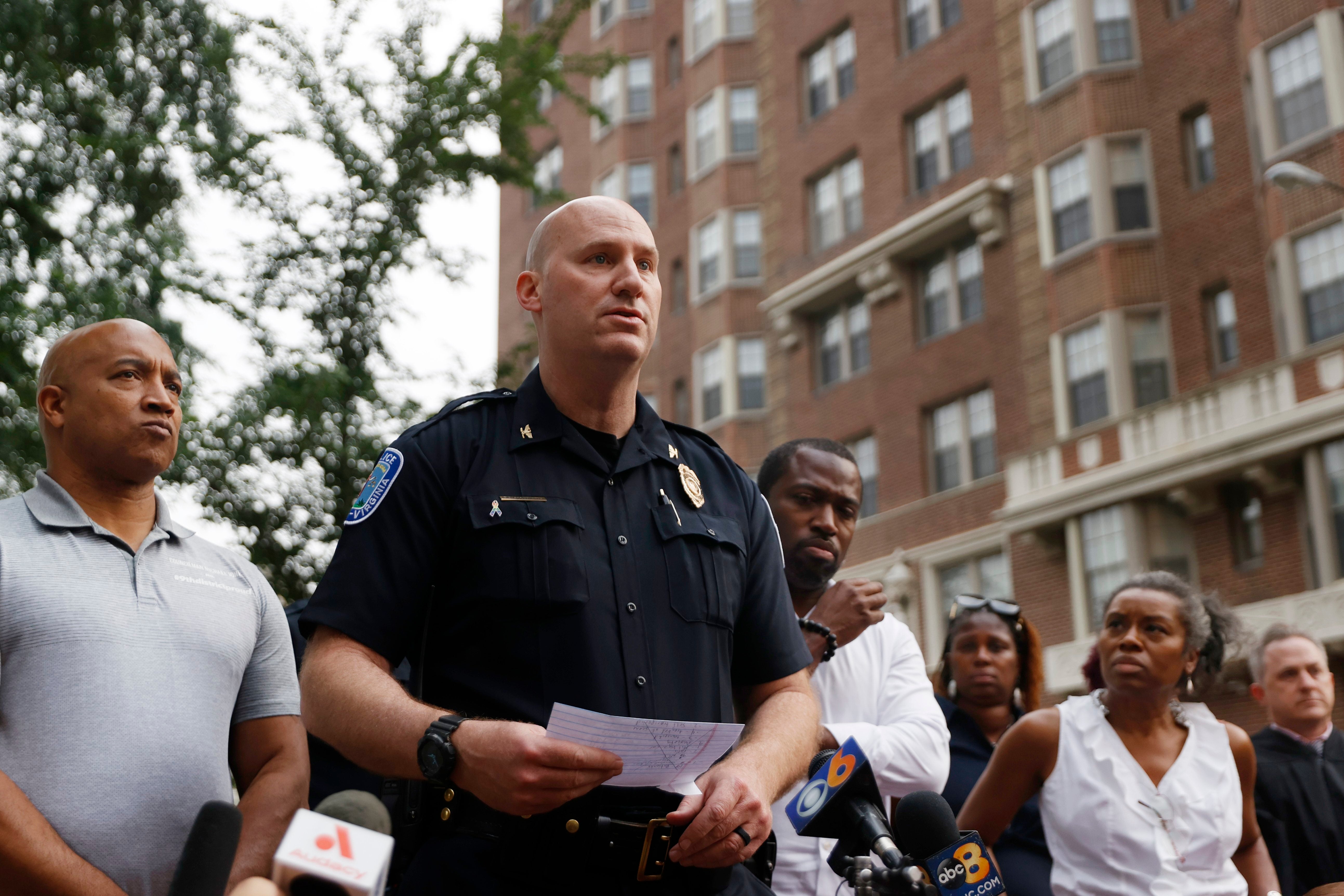 Richmond interim chief of police Rick Edwards gives a news briefing about the Huguenot High School graduation shooting on Tuesday evening