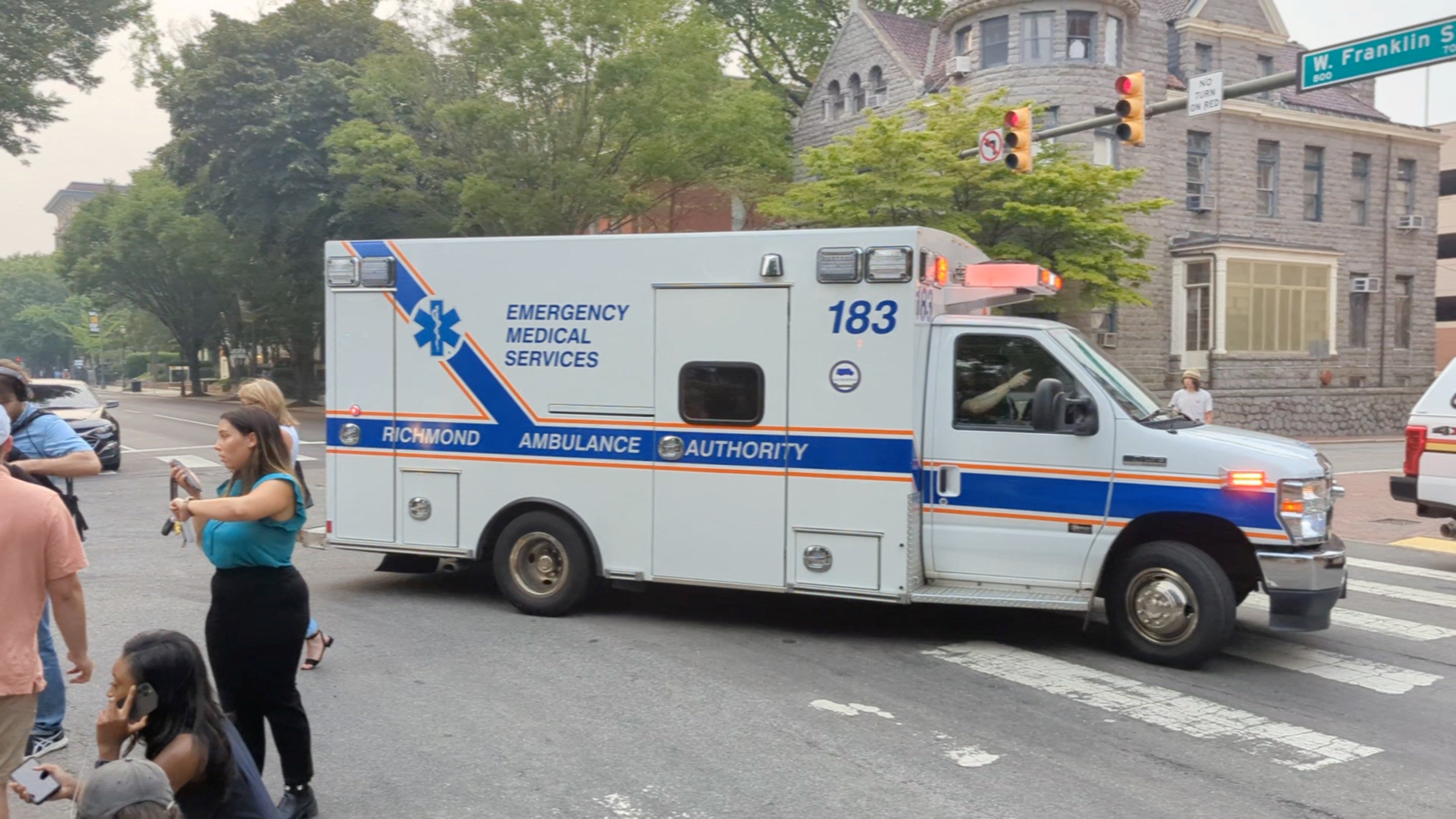 An emergency vehicle makes its way after a gunman opened fire, according to the police sources, in Richmond, Virginia US on 6 June 2023, in this screen grab obtained from a social media video