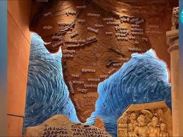 <p>Mural in the new parliament building in Delhi, India that sparked diplomatic row with its neighboring countries</p>