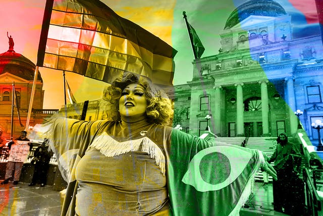 <p>Drag performers protested against Montana’s sweeping anti-drag law outside the state capitol in Helena. </p>
