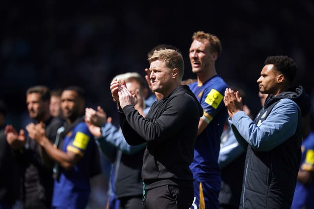 Newcastle boss Eddie Howe applauds his club’s fans at Elland Road shortly after he had been confronted a by Leeds supporter in the technical area (Mike Egerton/PA)