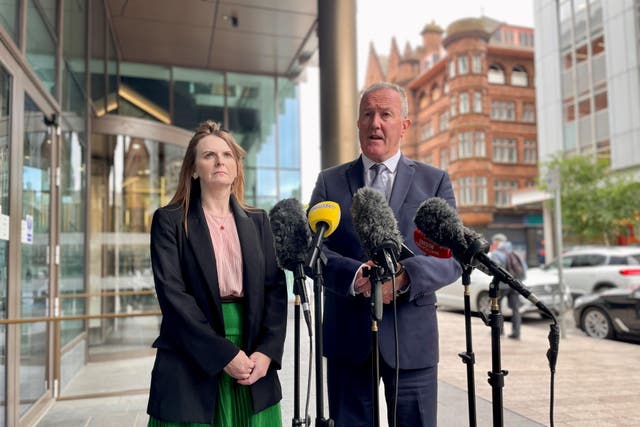Sinn Fein MLAs Conor Murphy and Caoimhe Archibald speaks to the media after a meeting with Tanaiste Micheal Martin at the Grand Central Hotel in Belfast. Picture date: Wednesday June 7, 2023.