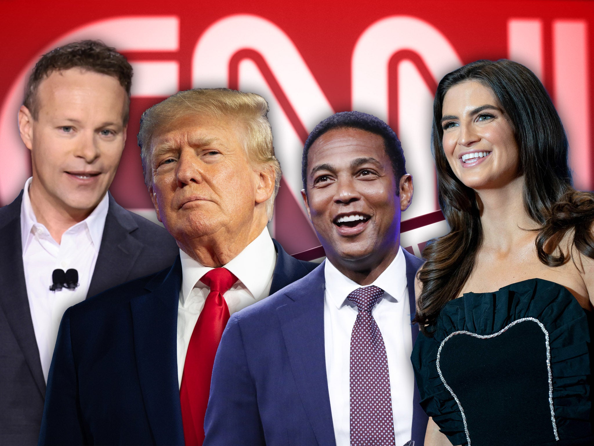 Ousted CNN boss Chris Licht, left, with Donald Trump, Don Lemon and Kaitlin Collins
