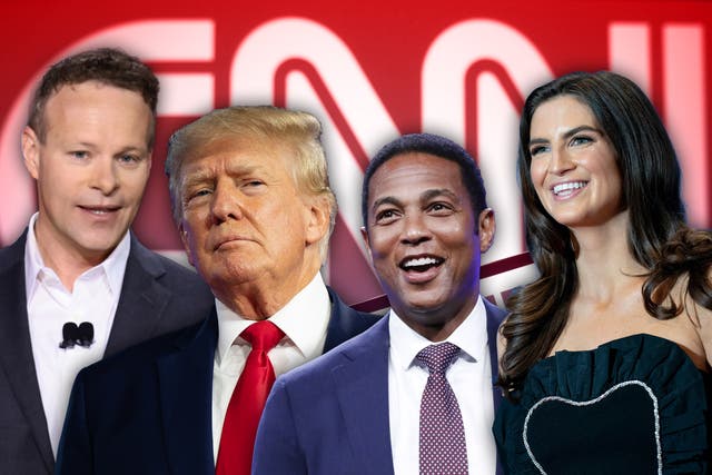 <p>Ousted CNN boss Chris Licht, left, with Donald Trump, Don Lemon and Kaitlin Collins </p>