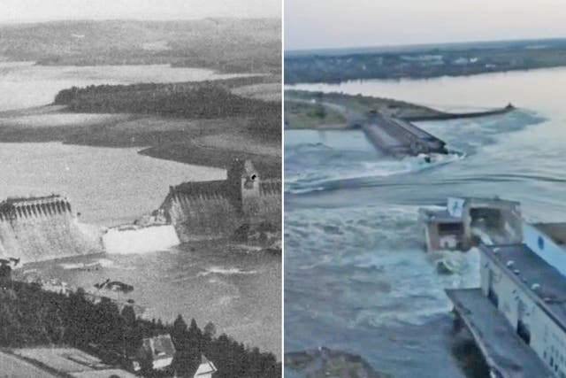 <p>Left: The breached Mohne Dam after the Dambusters raid on 17 May, 1943. Right: Kakhovka Dam, Ukraine, following this week’s attack </p><p></p>