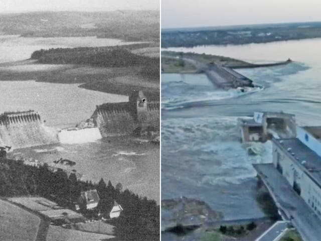 <p>Left: The breached Mohne Dam after the Dambusters raid on 17 May, 1943. Right: Kakhovka Dam, Ukraine, following this week’s attack </p><p></p>