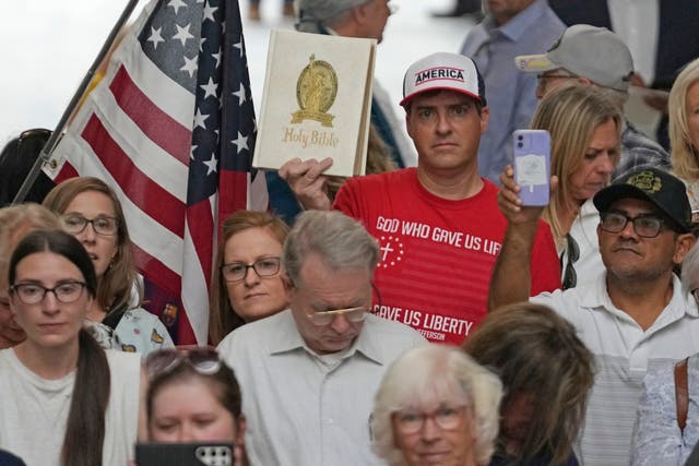 <p>People gather during a rally Wednesday, 7 June 2023, at the Utah State Capitol, in Salt Lake City. Bible-toting parents and Republican lawmakers convened on Utah’s Capitol to protest a suburban school district that announced it had removed the Bible from some schools last week </p>