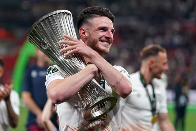 Declan Rice lifted the trophy for West Ham (Joe Giddens/PA)