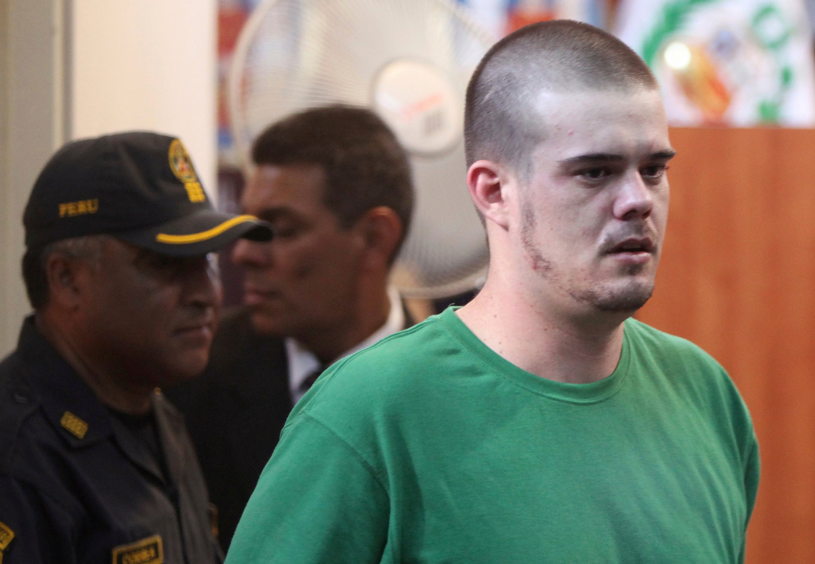 Joran van der Sloot arrives to the courtroom for his sentence at San Pedro prison in Lima, Peru, Friday Jan. 13