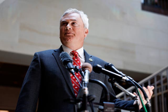 <p>House Oversight and Accountability Committee Chairman James Comer (R-KY) speaks to reporters after attending an FBI briefing in the House Sensitive Compartmented Information Facility (SCIF)</p>