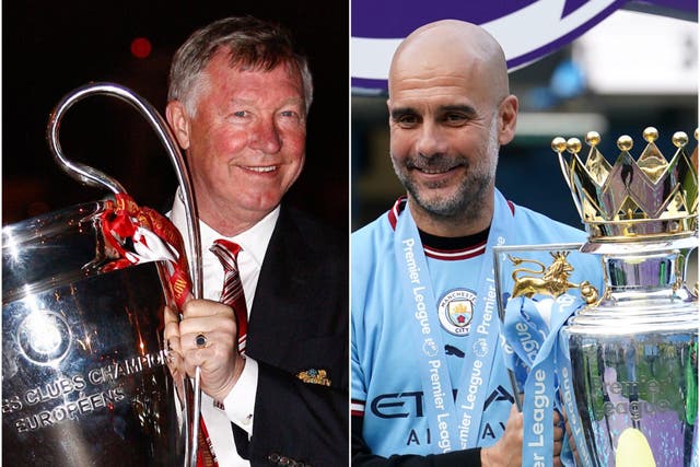Can Pep Guardiola (right) and Manchester City emulate Sir Alex Ferguson’s Manchester United side? (Dave Thompson/Martin Rickett/PA)