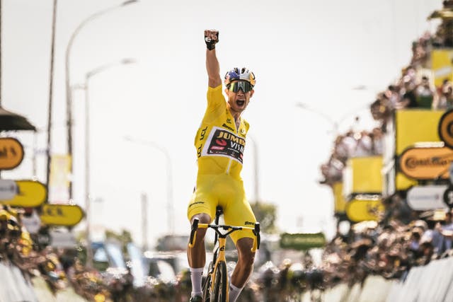<p>Wout Van Aert celebrates during stage four of the Tour de France 2022</p>