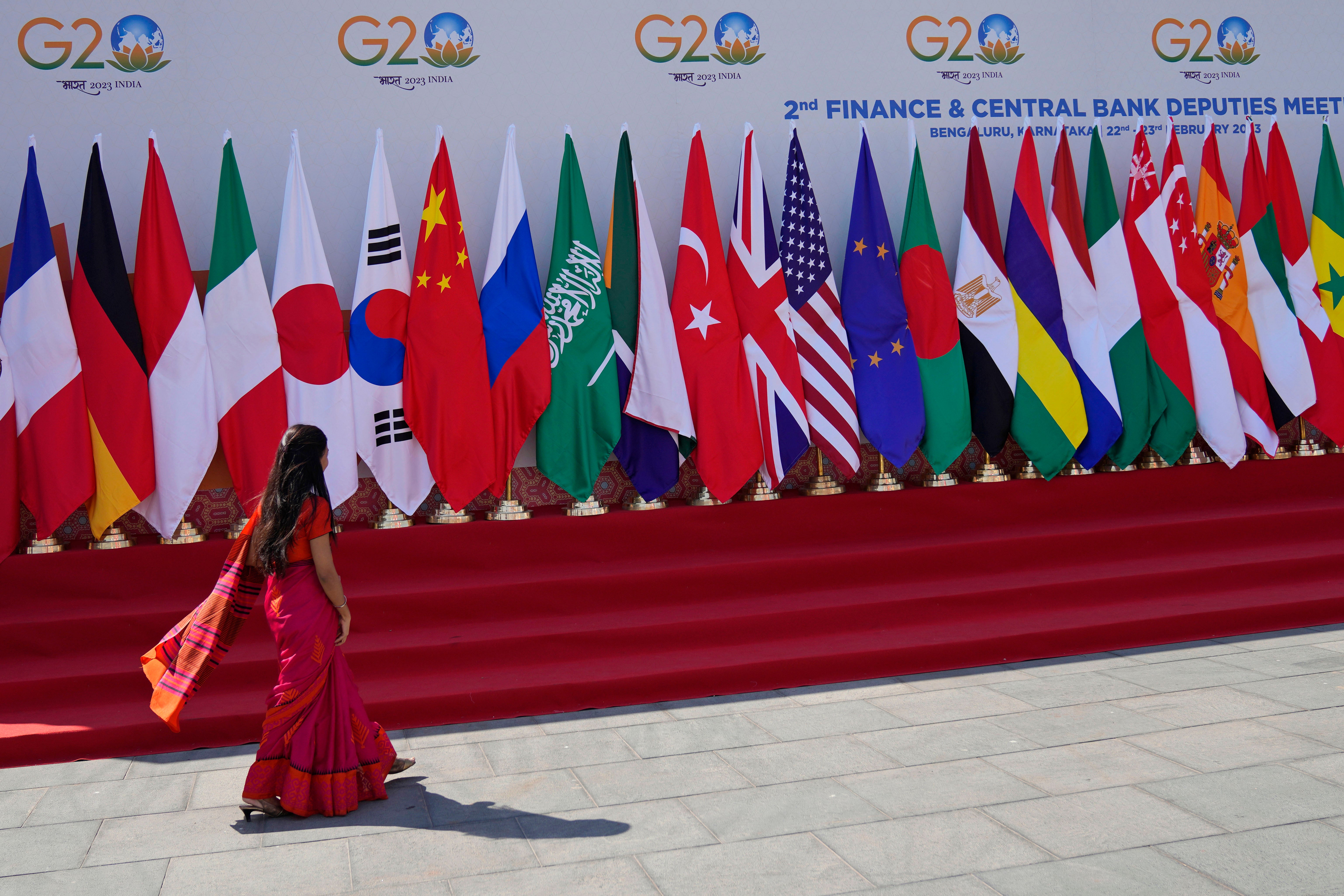 A delegate walks past a display of flags of participating countries at the venue of G-20