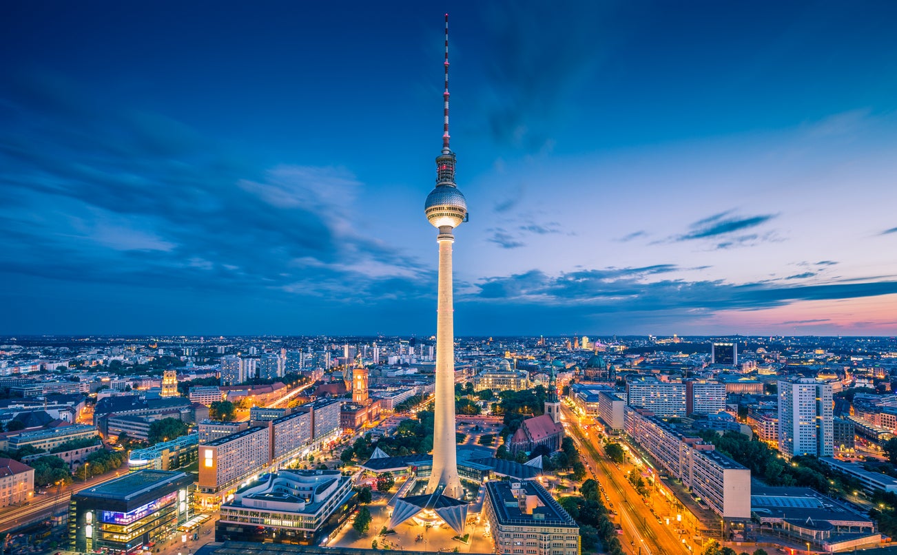 An aerial view of Berlin’s skyline, with the famous TV tower at Alexanderplatz