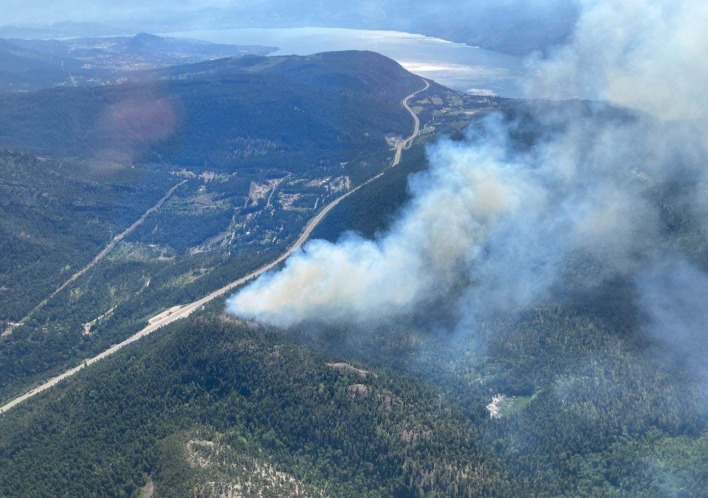 Aerial view of the Pigeon Creek wildfire near Peachland, British Columbia, Canada