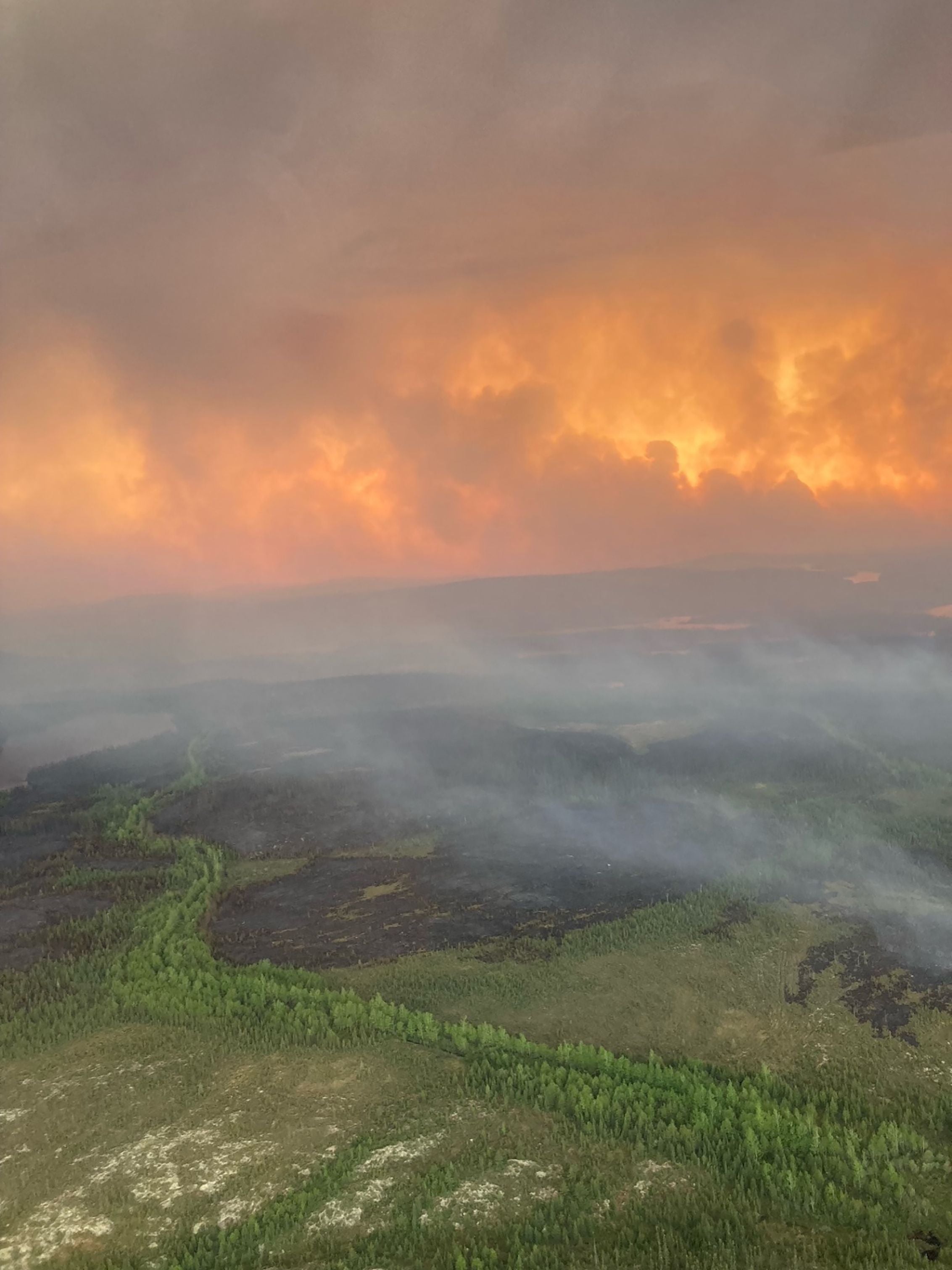 Aerial view of wildfires between Chibougamau and the Mistissini Indigenous community in northern Quebec