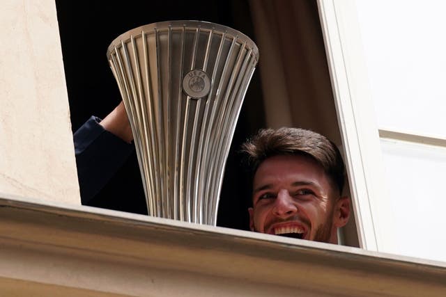 Declan Rice with the Europa Conference League trophy at West Ham’s team hotel (Joe Giddens/PA).