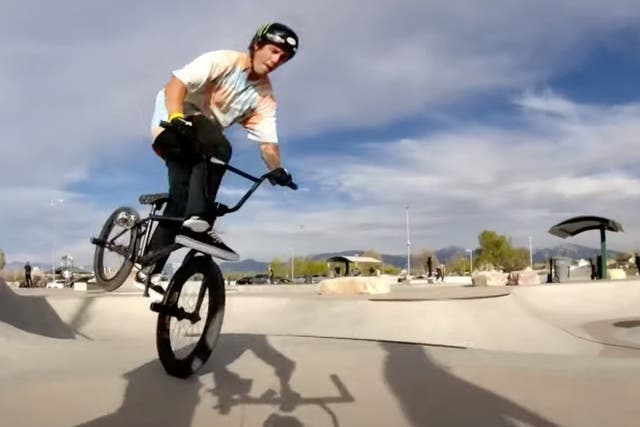 <p>Pro BMX rider Pat Casey rides a bike during a video shoot</p>