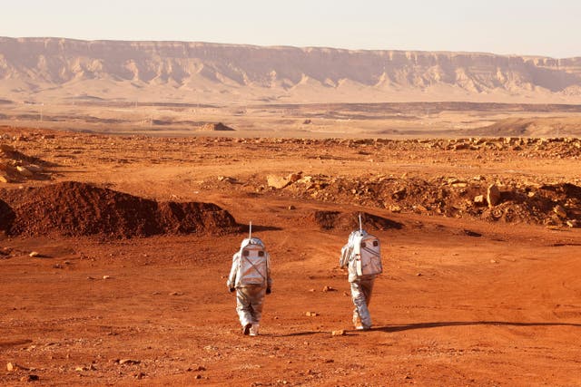 <p>Two astronauts walk in spacesuits during a training mission for planet Mars at the Ramon Crater in Mitzpe Ramon in Israel's southern Negev desert, 2021</p>