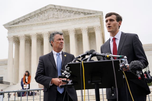 <p>Alabama solictor general Edmund LaCour, right, and attorney general Steve Marshall address reporters after Supreme Court oral arguments in redistricting case last year</p>