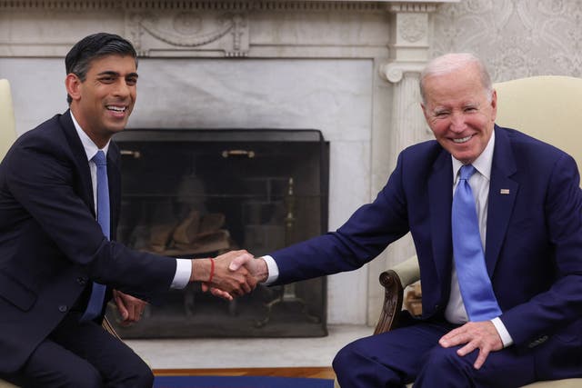 <p>Level pegging with perfect gnashers: Rishi Sunak and Joe Biden in the White House this week </p>