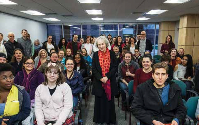 <p>Bryan Kohberger is pictured front right at a 2018 lecture by Margaret Atwood (centre) </p>