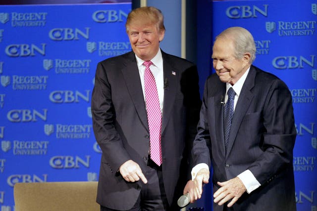 <p>Donald Trump and Pat Robertson at an event in Virginia Beach in 2016</p>