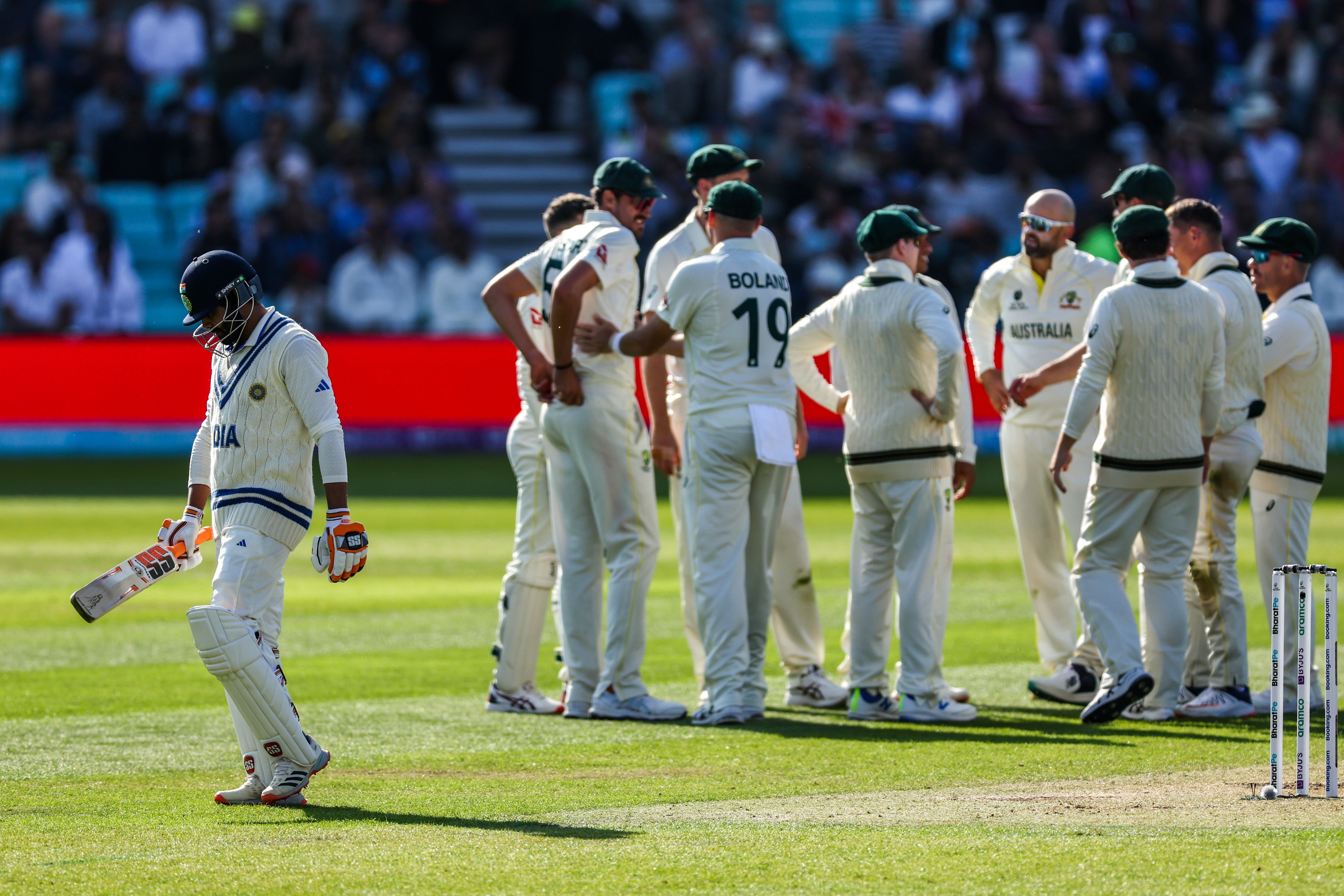 India’s Ravindra Jadeja walks off after being caught by Australia’s Steve Smith (Steven Paston/PA)