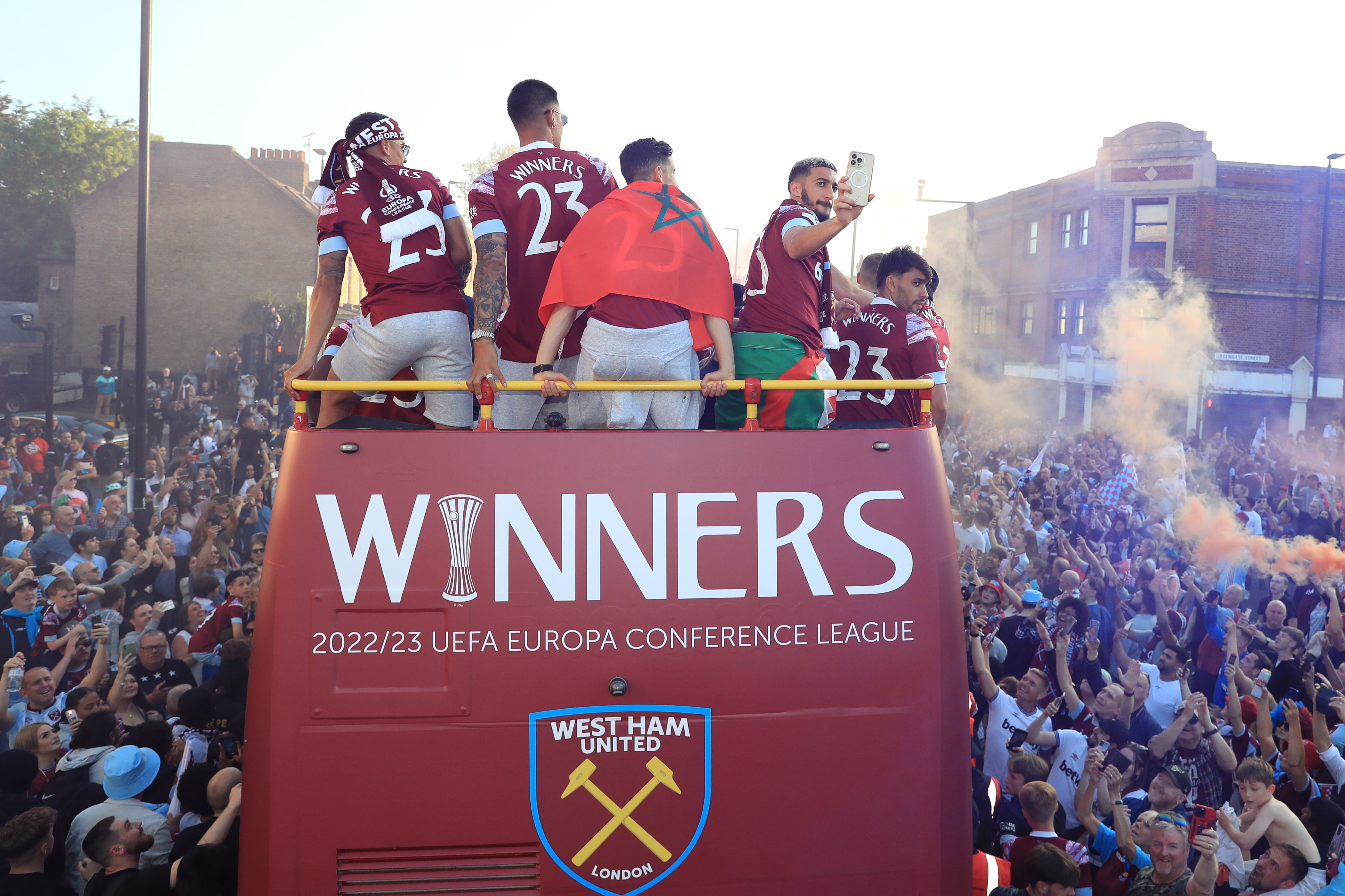 West Ham enjoyed an open-top bus parade through east London after their Europa Conference League success (Bardley Collyer/PA)