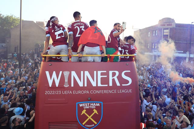 <p>West Ham enjoyed an open-top bus parade through east London after their Europa Conference League success (Bardley Collyer/PA)</p>