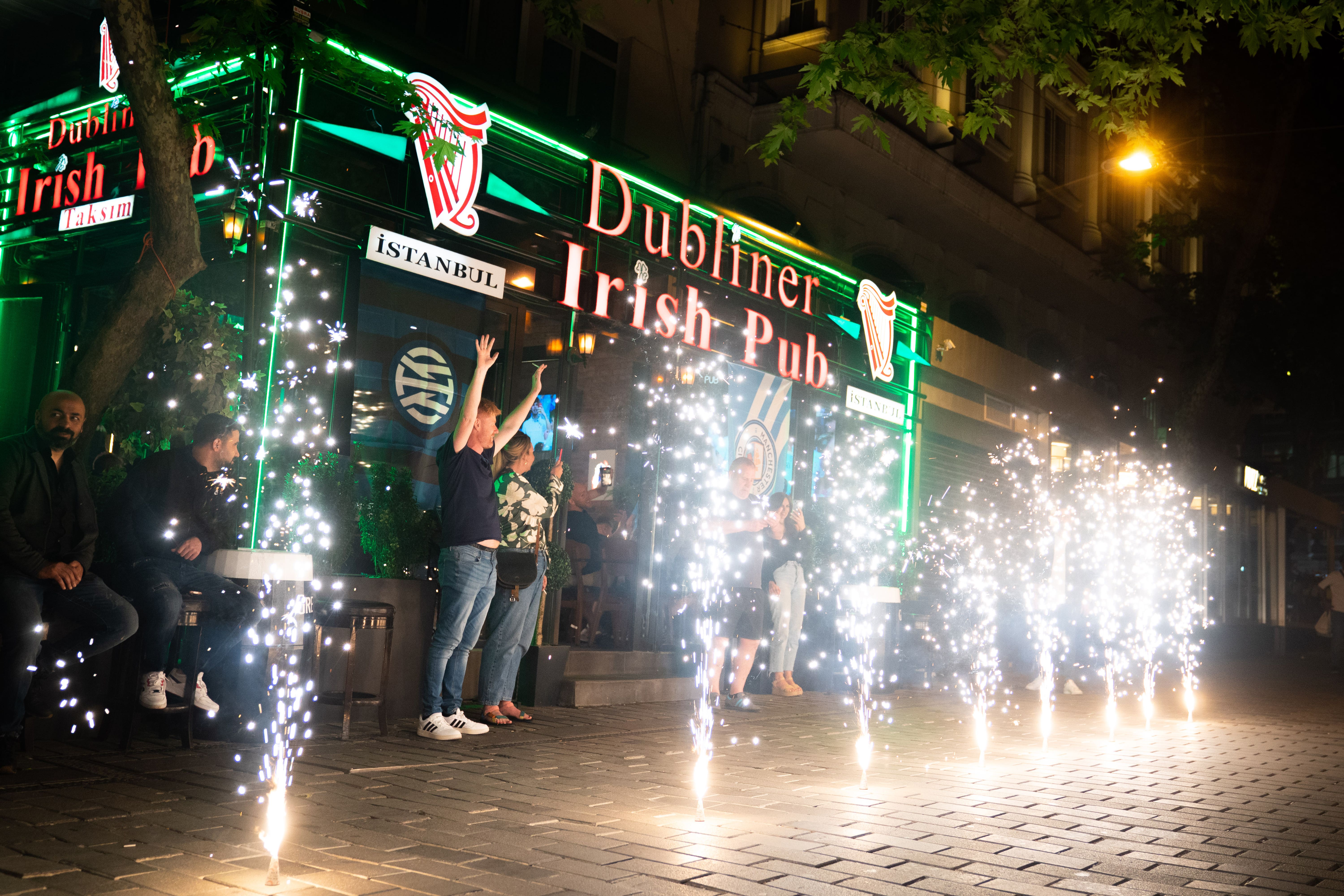 Man City fans outside the Dubliner in Istanbul on Thursday.