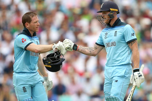 Eoin Morgan, left, and Ben Stokes during England’s triumphant 2019 World Cup winning campaign (Nigel French/PA)