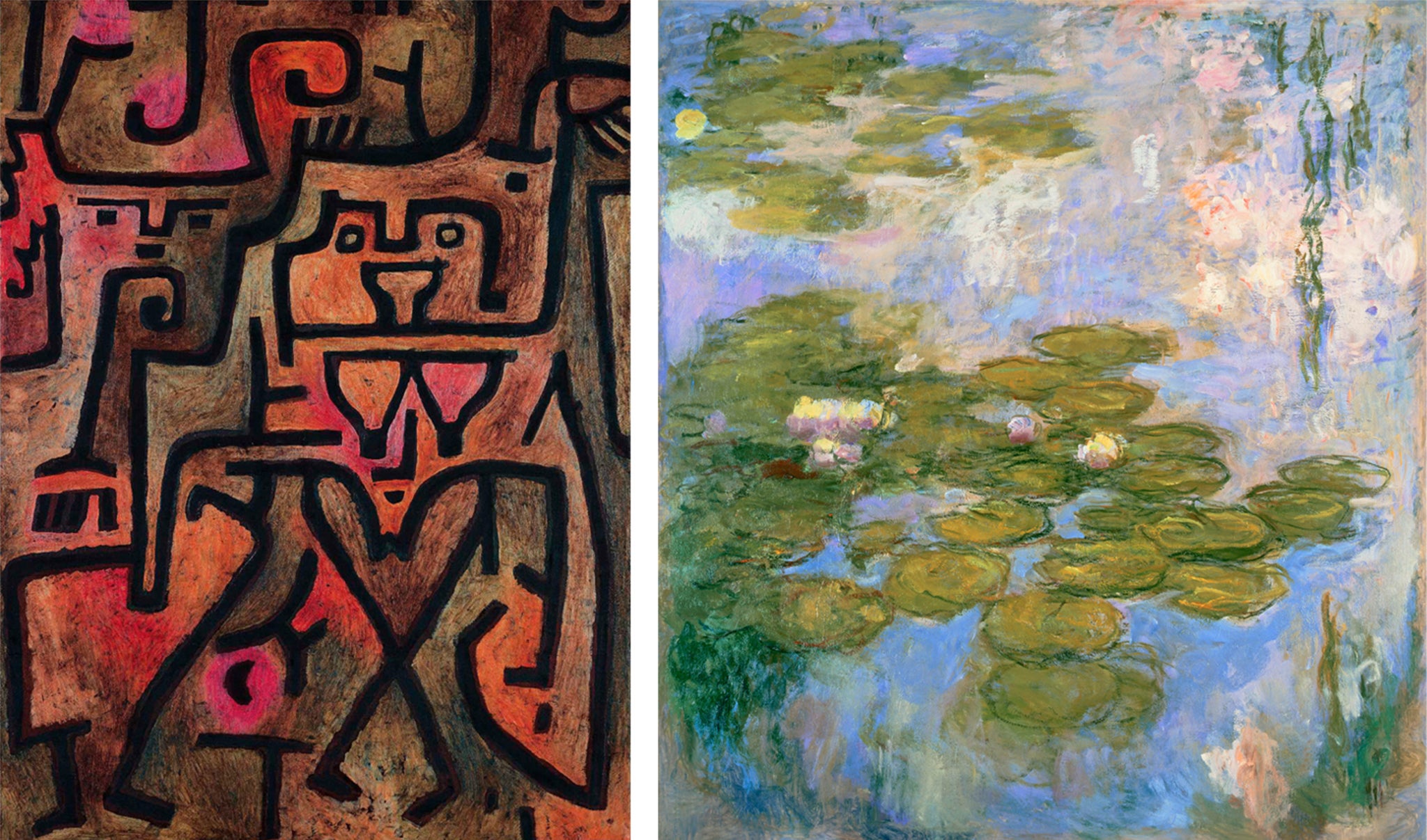 Forest Witches by Paul Klee, 1938, left and Water Lillies by Claude Monet, 1916-1919