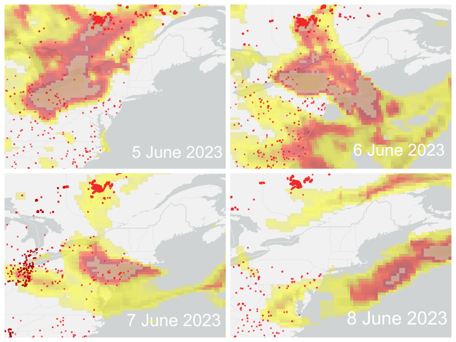 Graphics show how wildfire smoke from Canada moved over the US Northeast