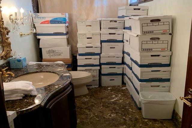 <p>Boxes of records stored in a bathroom at Donald Trump’s Mar-a-Lago estate in Palm Beach, Florida </p>