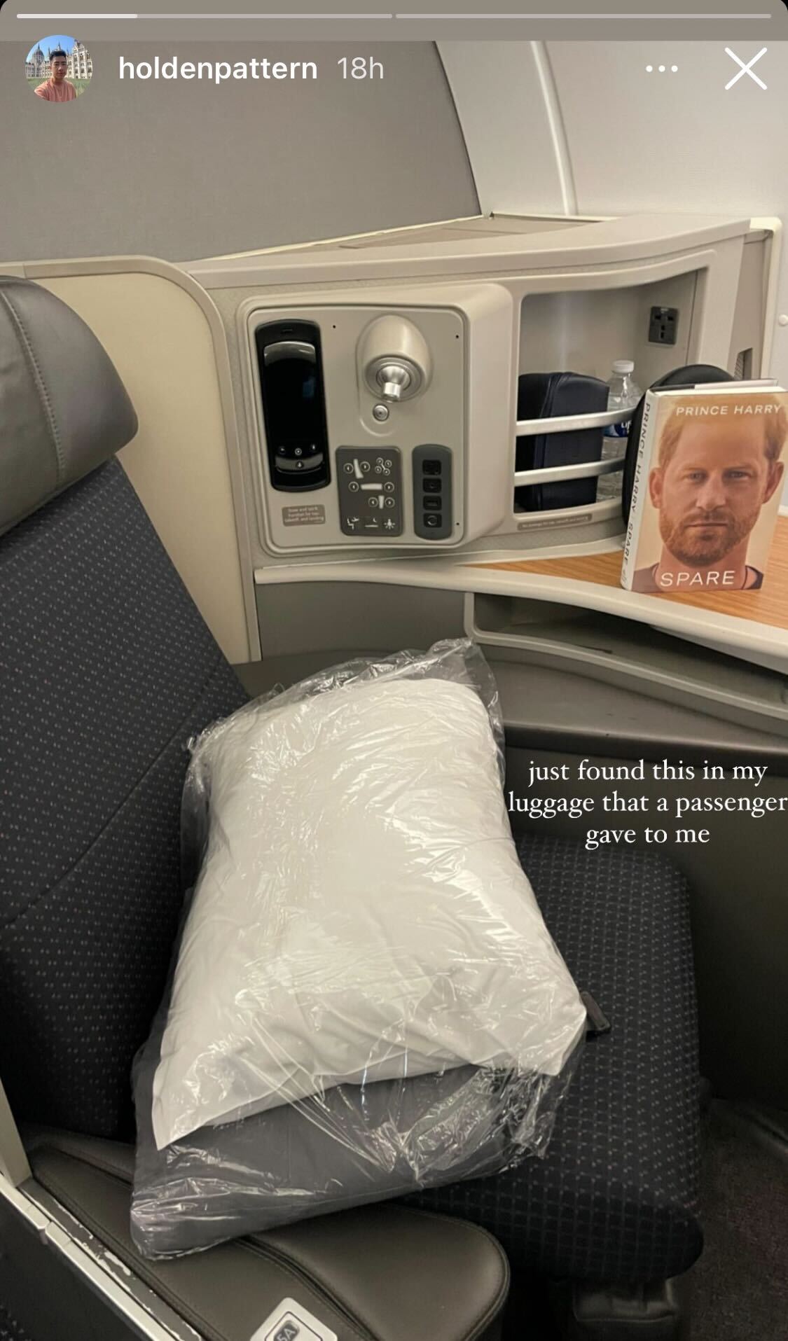 American Airlines flight attendant Holden Pattern shares a photograph of a gift left for him by Prince Harry