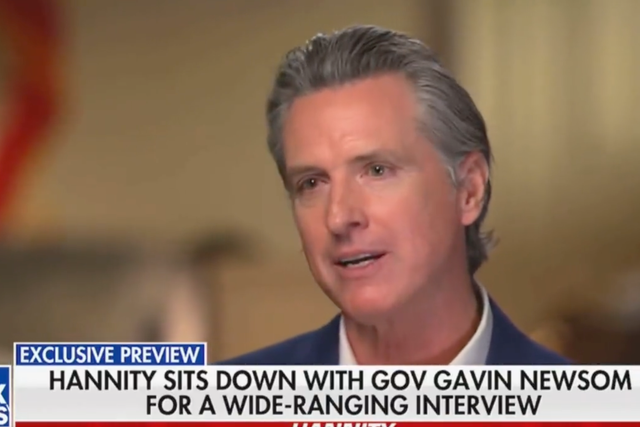 <p>California Governor Gavin Newsom sits for an interview with Fox News’ Sean Hannity.</p>