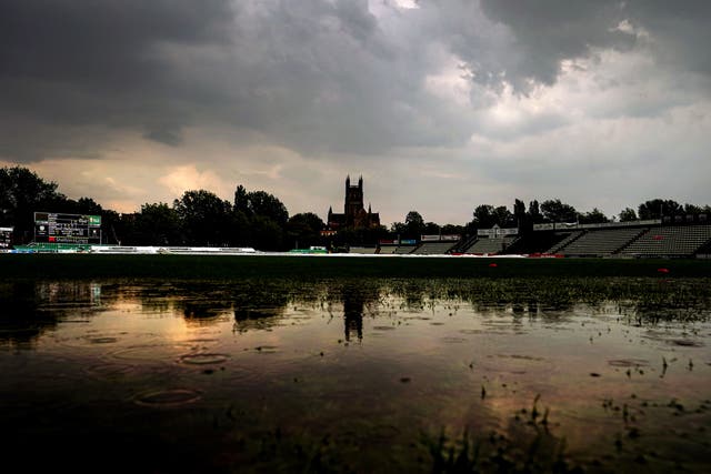 A flooded outfield, following a thunderstorm, during the Charlotte Edwards Cup final match at New Road, Worcester. Picture date: Saturday June 10, 2023. (David Davies/PA)