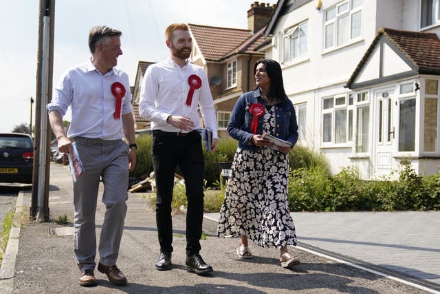 (left to right) Shadow work and pensions secretary Jonathan Ashworth, Danny Beales, Labour candidate and Shabana Mahmood, Labour party national campaign co-ordinator (Andrew Matthews/PA)