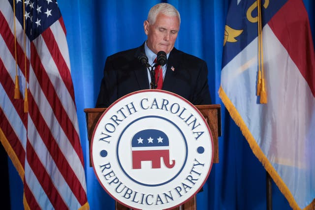<p>Republican presidential candidate former U.S. Vice President Mike Pence speaks about the recent federal indictment of former U.S. President Donald Trump while delivering remarks June 10, 2023 in Greensboro, North Carolina. </p>