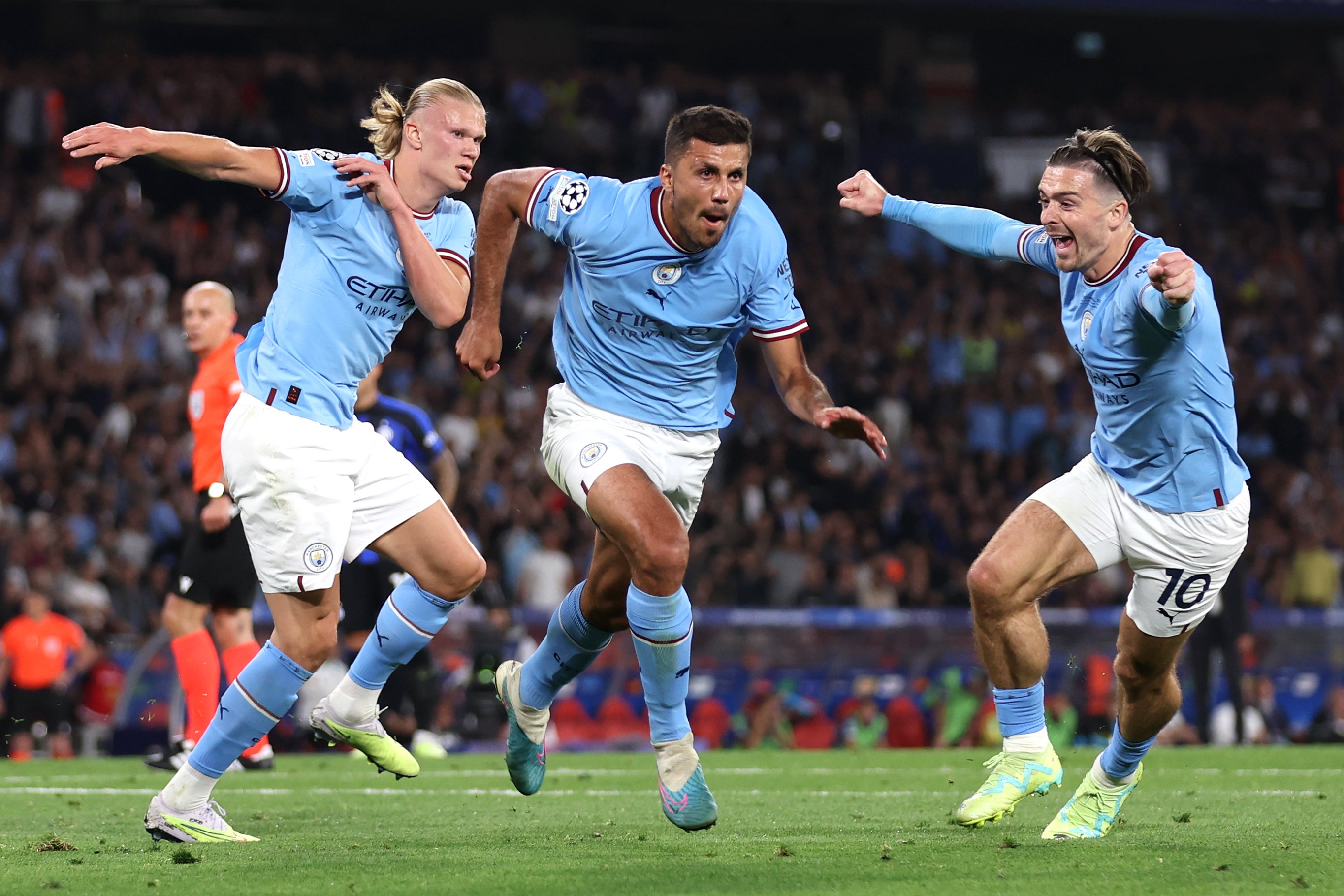 Rodri, centre, celebrates after scoring City’s goal during the Champions League final