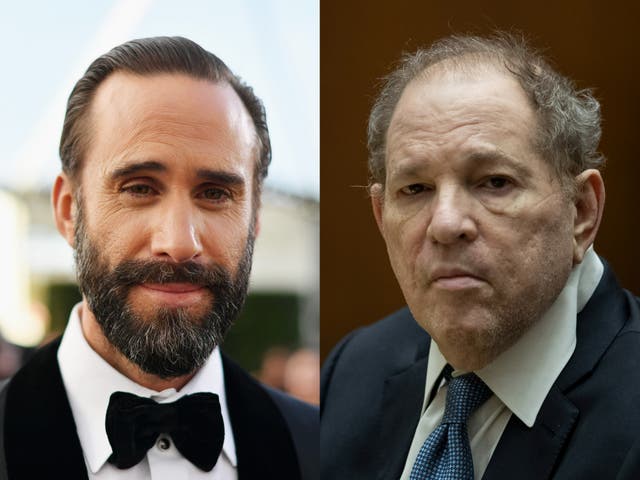 <p>Joseph Fiennes and Harvey Weinstein</p>